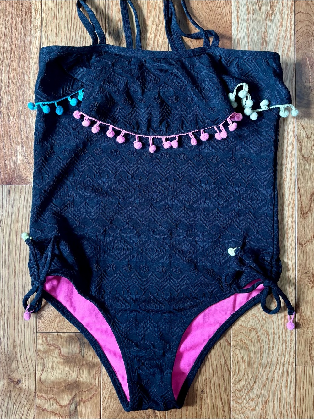 Limited Too Girls Black Textured Pom-Pom One-Piece Swimsuit